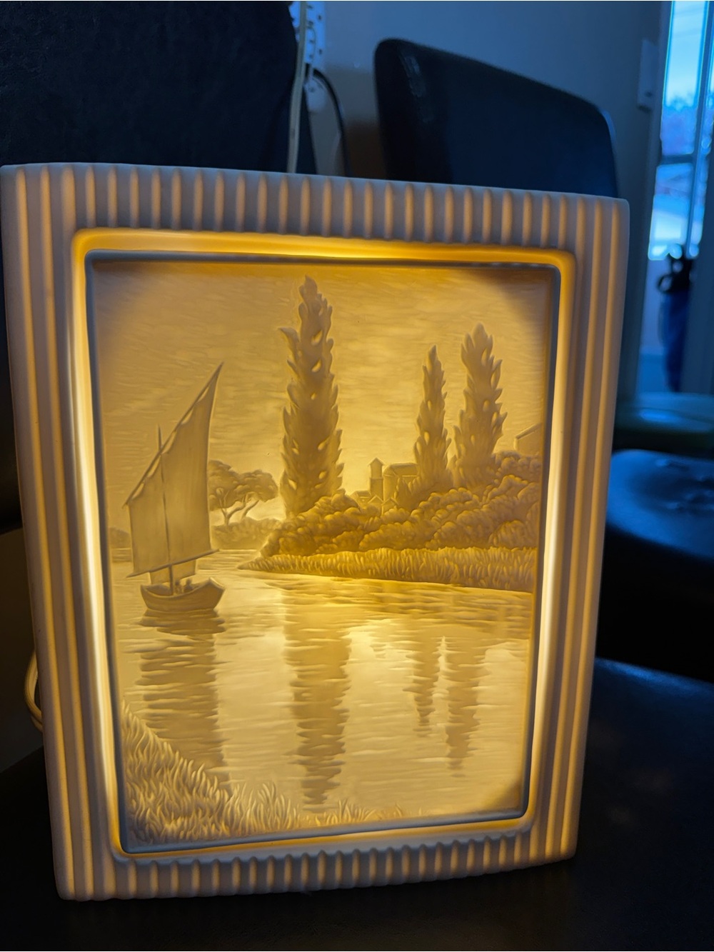 Lithopane Porcelain Lamp Sailing Boat Made In Taiwan